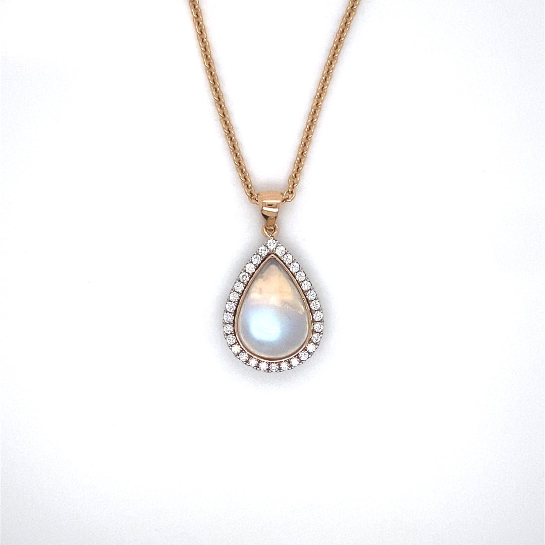 Pear shape moonstone and diamond halo pendant view from front