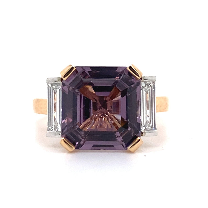 Trilogy square cut spinel and diamond ring on rose gold band