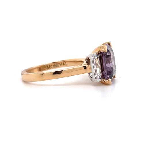 Trilogy square cut spinel and diamond ring on rose gold band