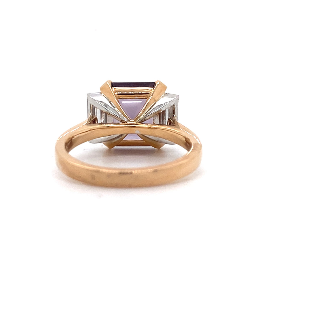 Trilogy square cut spinel and diamond ring on rose gold band