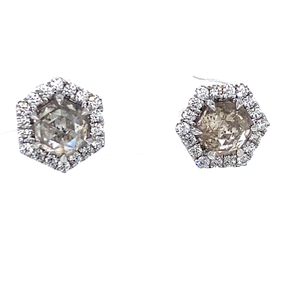 Salt and pepper diamonds with diamond halo stud earrings view from front