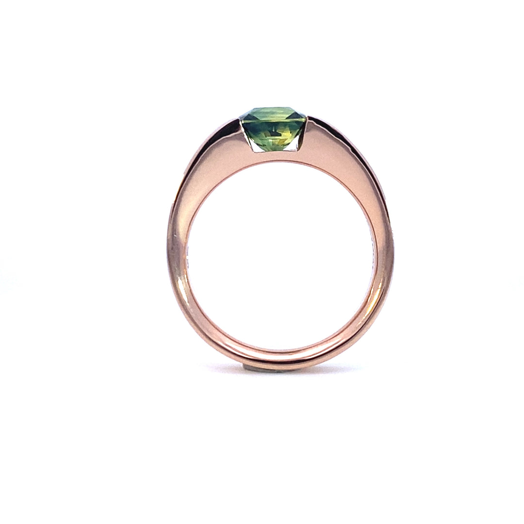 Cushion cut Australian green parti sapphire ring view from front 