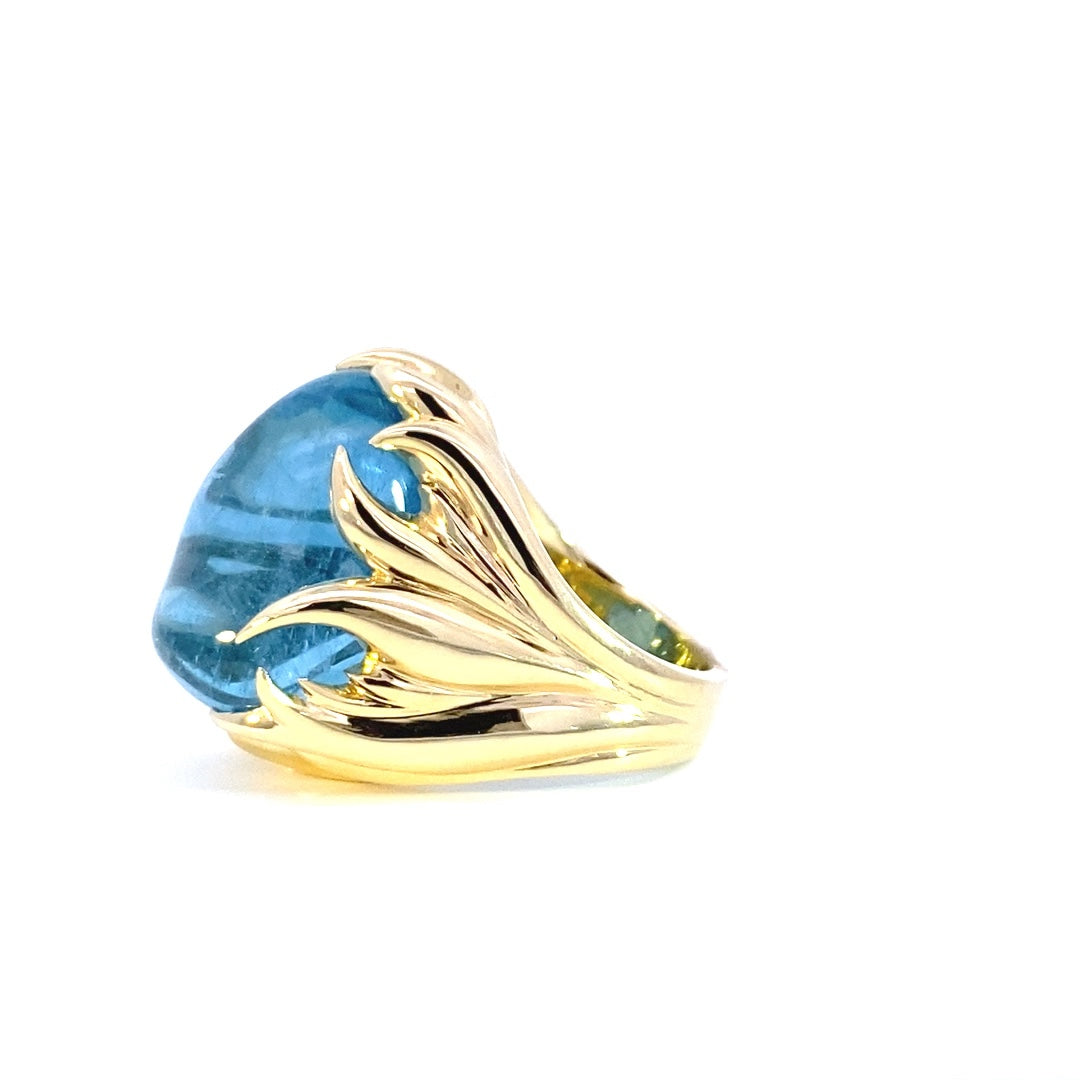 'Maria' design cabochon aquamarine ring on yellow gold band