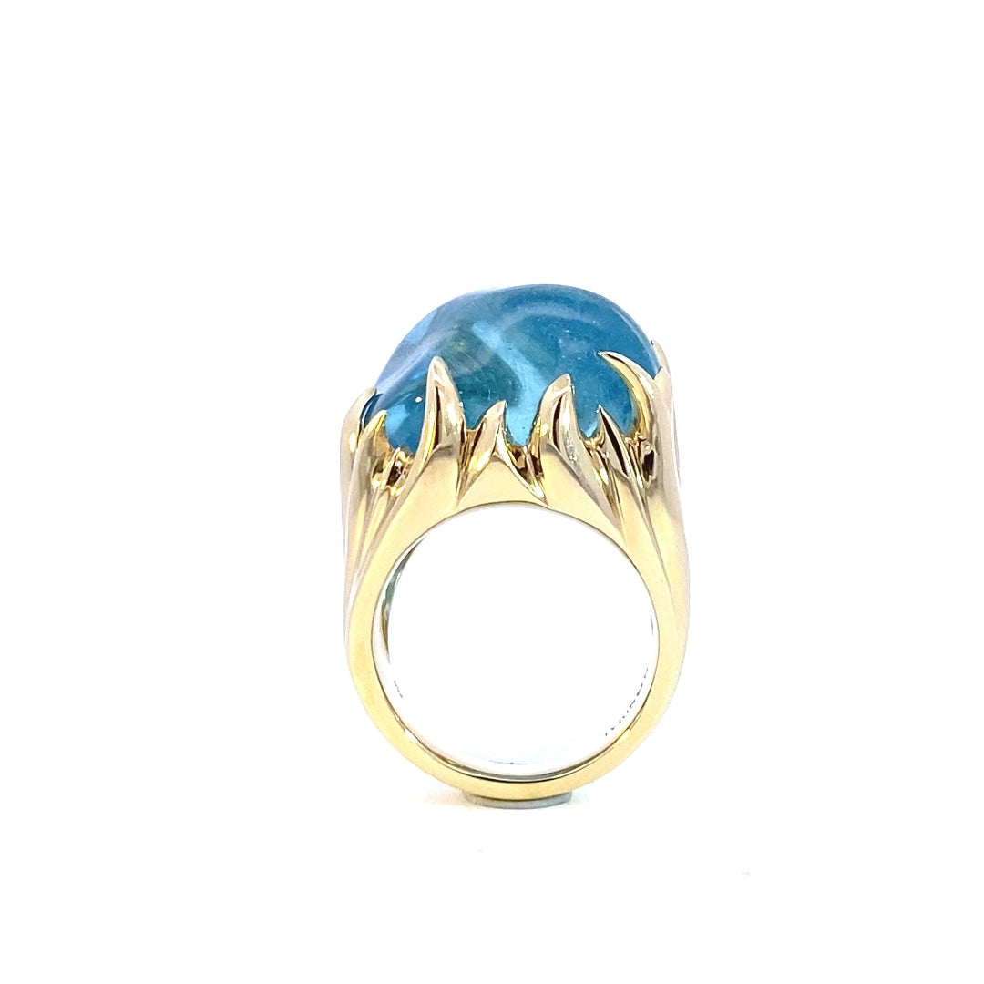 'Maria' design cabochon aquamarine ring on yellow gold band