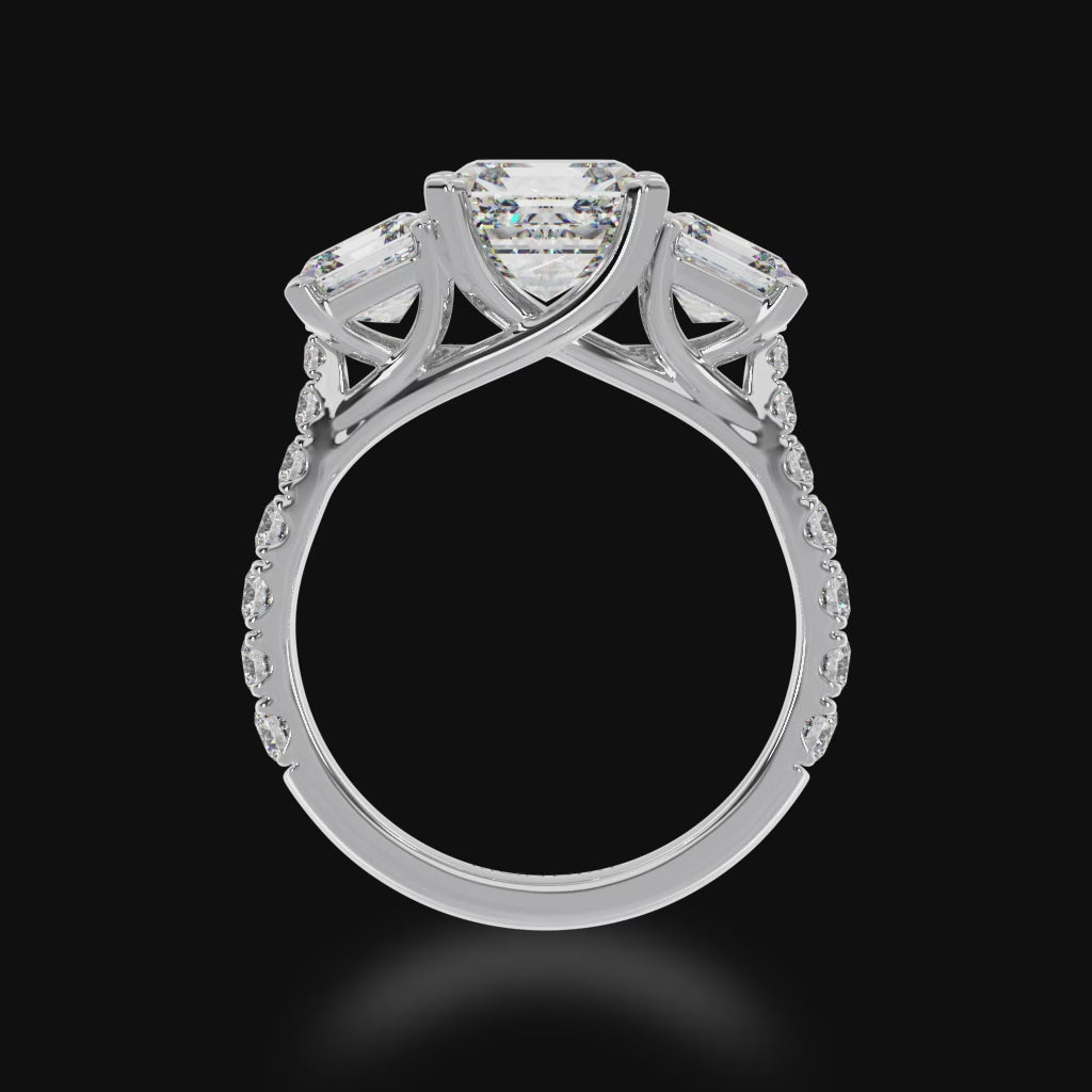 Trilogy asscher cut diamond ring with diamond set  band 3d view