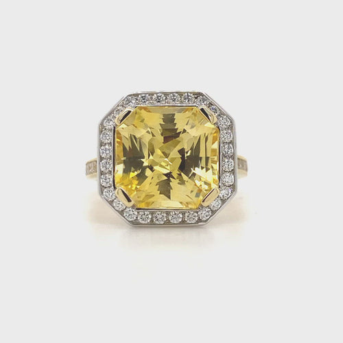 Square cut yellow sapphire diamond halo ring with diamond set band