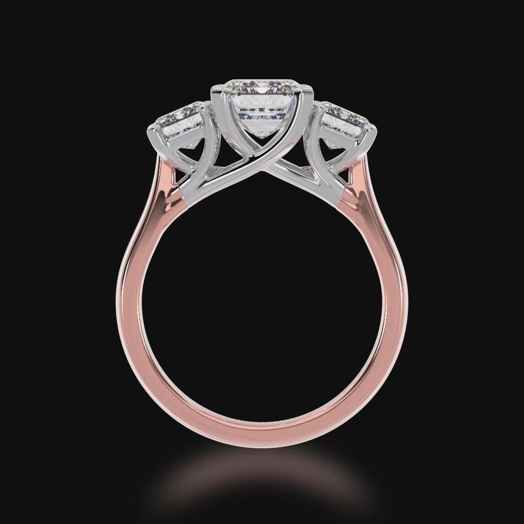 Trilogy emerald cut diamond ring on rose gold band 3d video