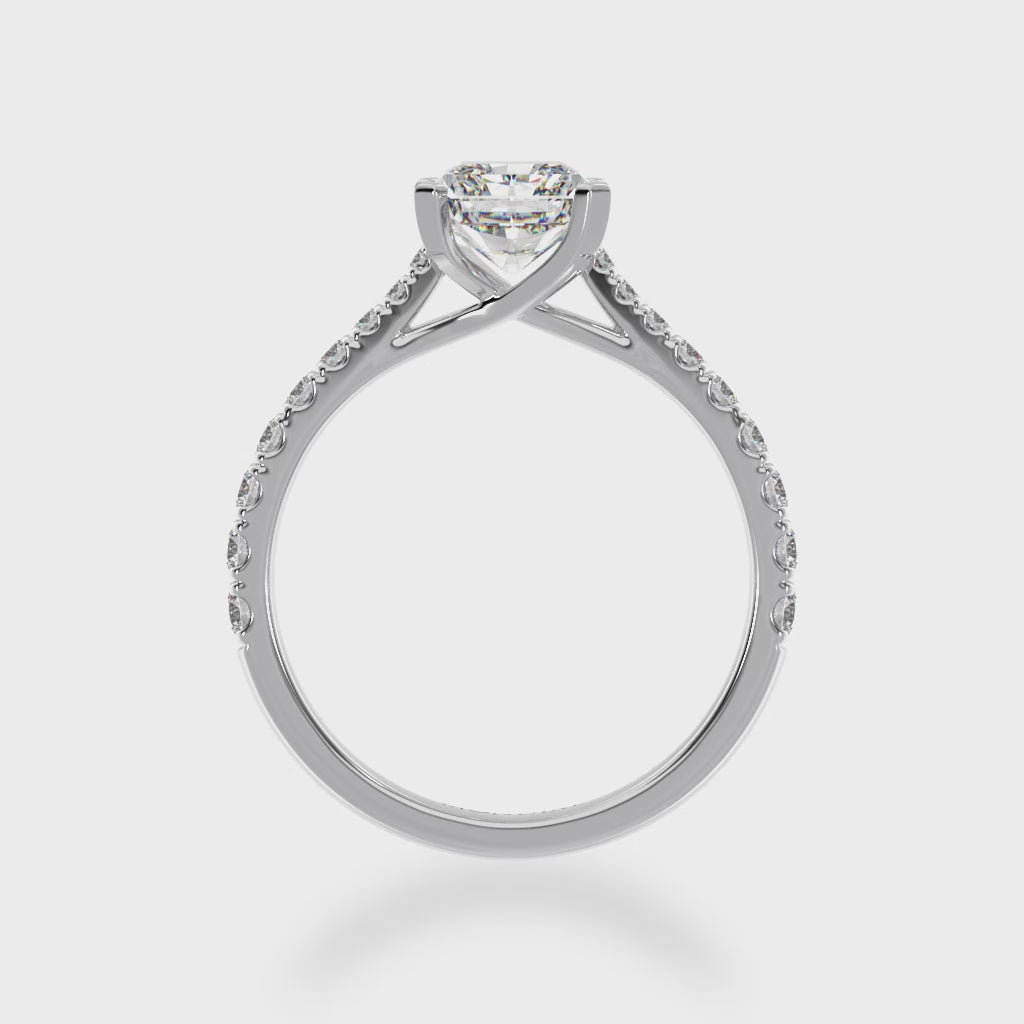 Radiant cut diamond solitaire ring with diamond set band 3d video