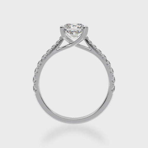 Radiant cut diamond solitaire ring with diamond set band 3d video