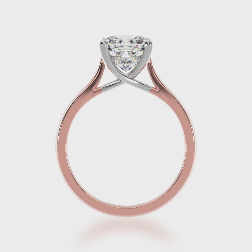 Cushion cut diamond solitaire ring on rose gold band 3d video