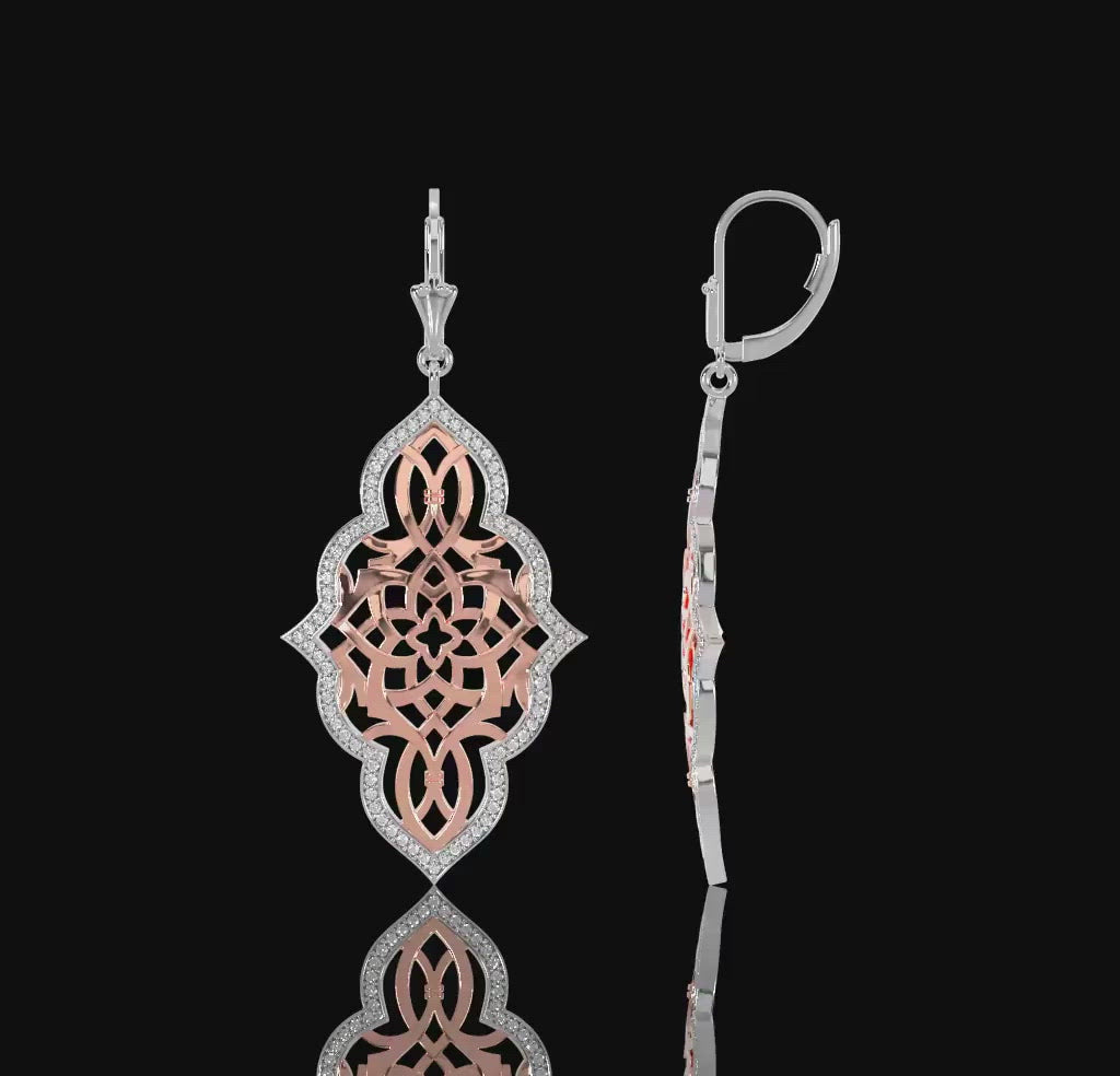 Mandala mosaic diamond design earrings in rose gold and diamond 