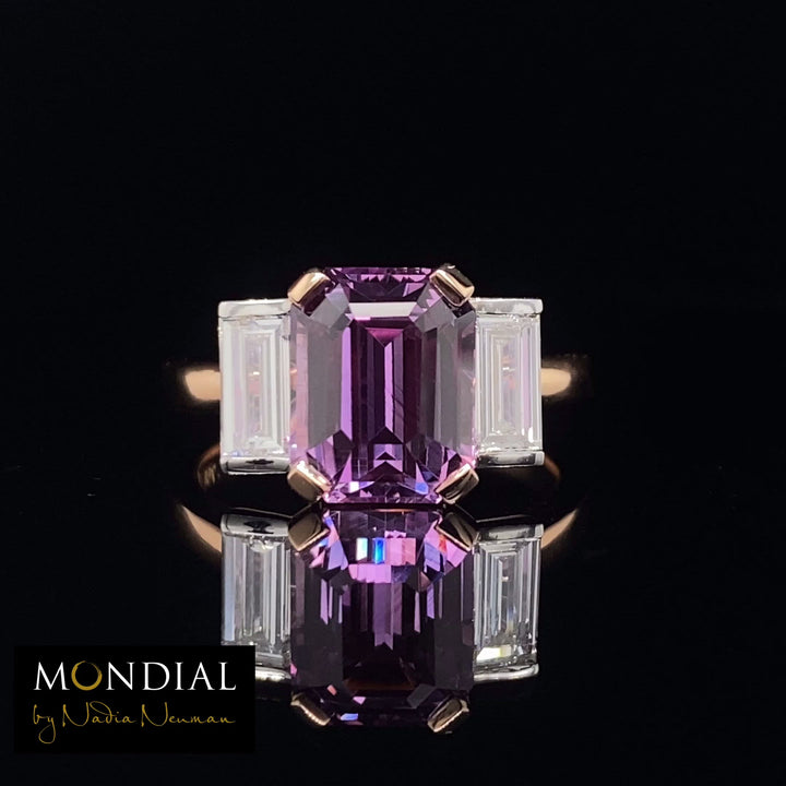 Trilogy emerald cut purple sapphire and diamond ring on rose gold band