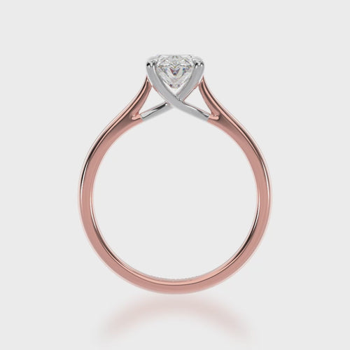 Oval cut diamond solitaire ring on rose gold band 3d view.