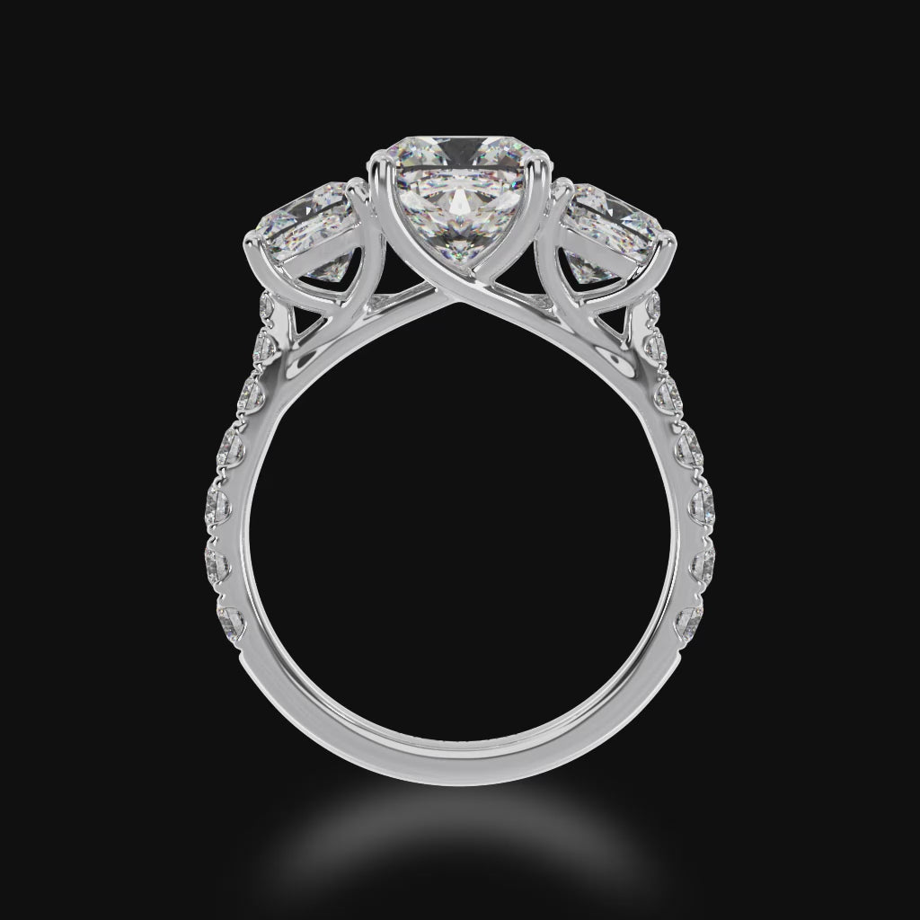 Trilogy cushion cut diamond ring with diamond band 3d video