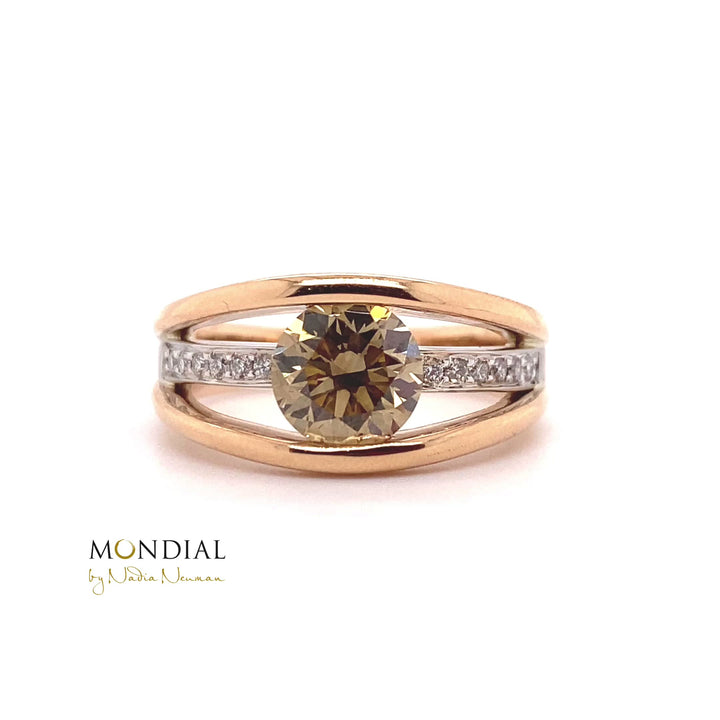 Ice storm design round brilliant cut Argyle champagne diamond ring on rose gold band
