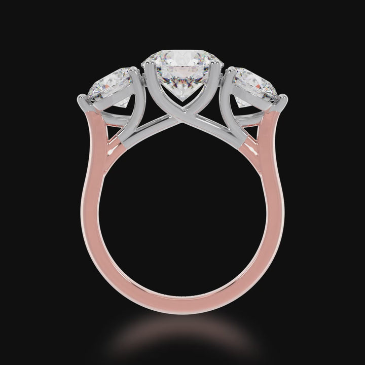 3D view of Trilogy 3 Stone Engagement Ring in Rose Gold