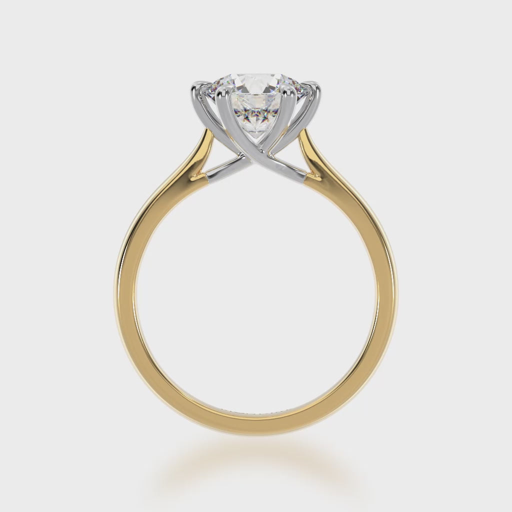 Round Brilliant Cut Six Claw Diamond Solitaire in yellow and white gold 3d video