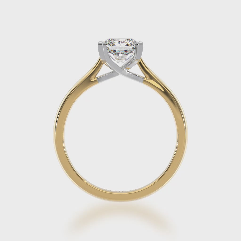 Radiant cut diamond solitaire ring on yellow gold band 3d video