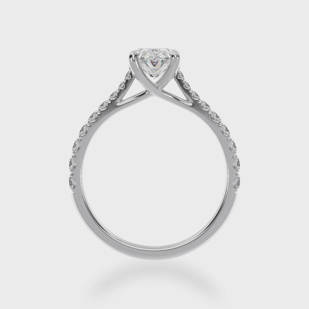 Oval cut diamond solitaire with a white gold diamond set band 3d view