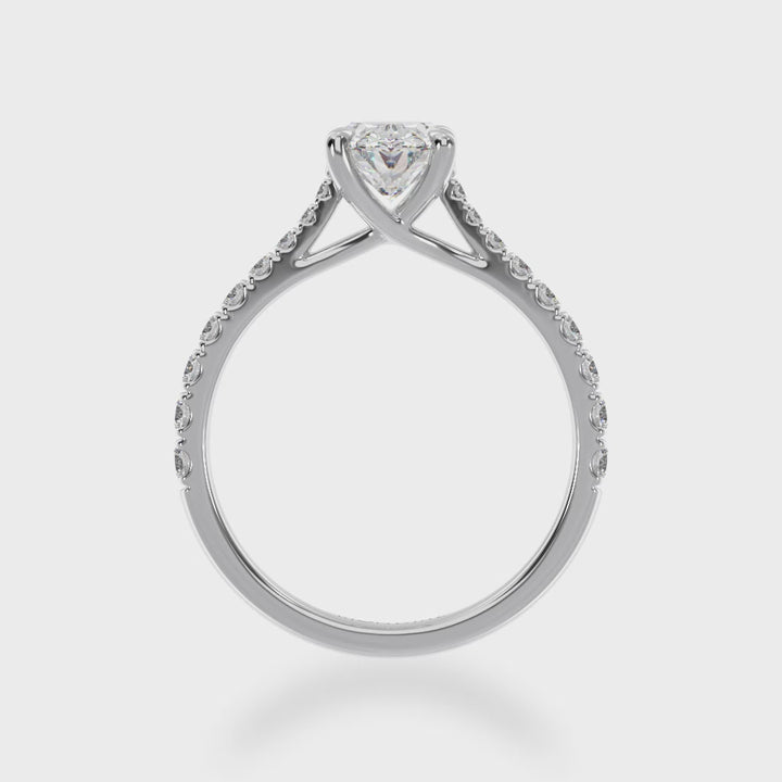 Oval cut diamond solitaire with a white gold diamond set band 3d view