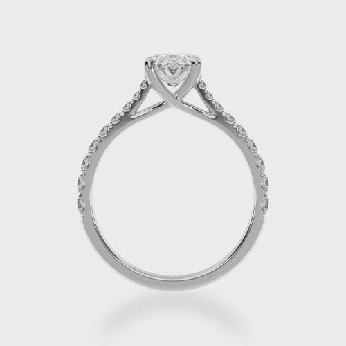 Oval cut diamond solitaire with a white gold diamond set band 3d view.