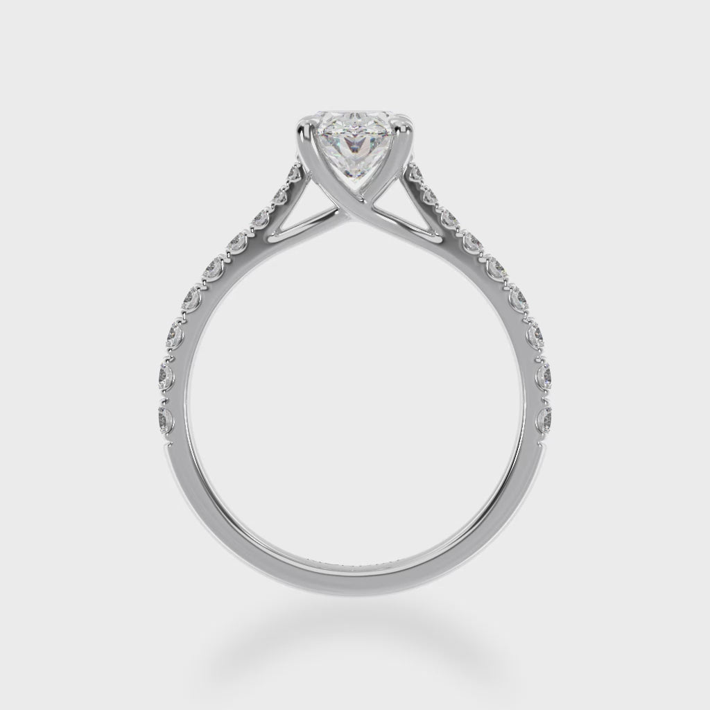 Oval cut diamond solitaire with a white gold diamond set band 3d view.