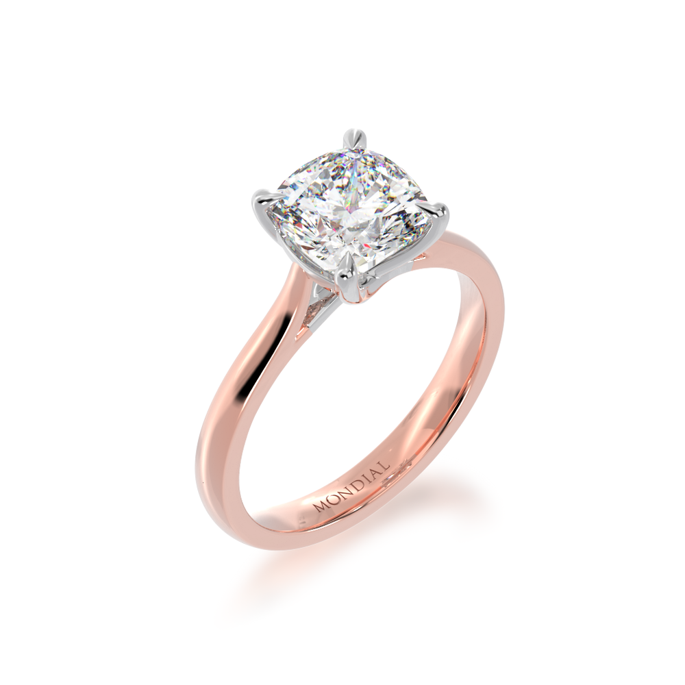 Cushion cut diamond solitaire ring on rose gold band view from angle