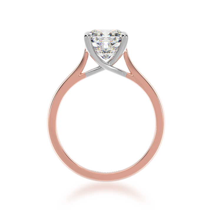 Cushion cut diamond solitaire ring on rose gold band view from front