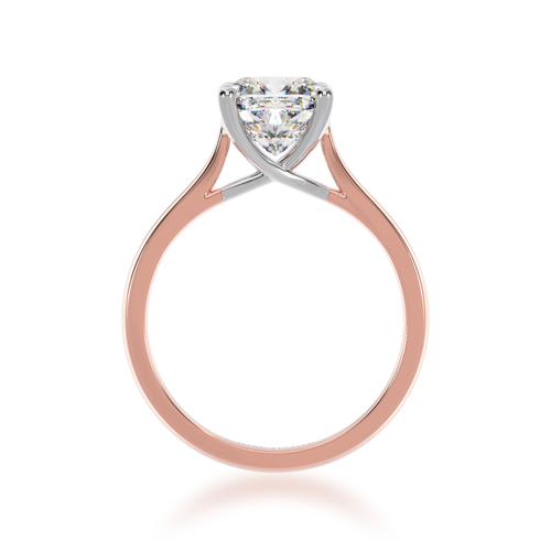 Cushion cut diamond solitaire ring on rose gold band view from front