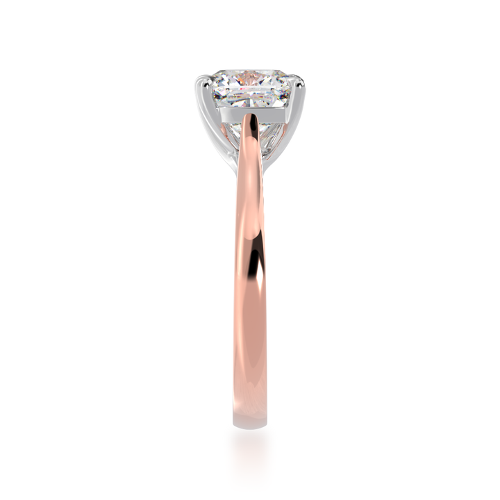 Cushion cut diamond solitaire ring on rose gold band view from side