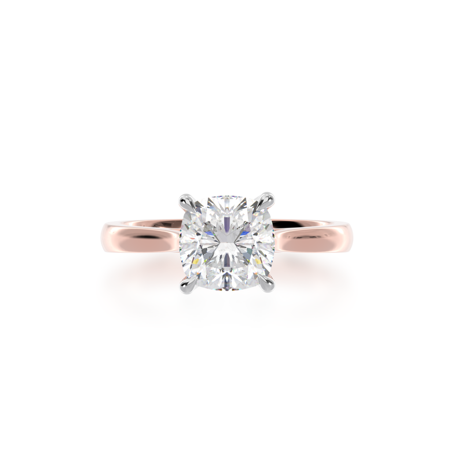Cushion cut diamond solitaire ring on rose gold band view from top