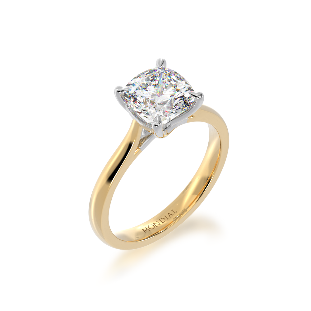 Cushion cut diamond solitaire ring on yellow gold band view from angle