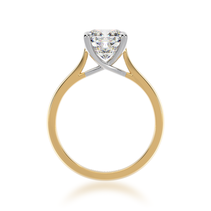 Cushion cut diamond solitaire ring on yellow gold band view from front