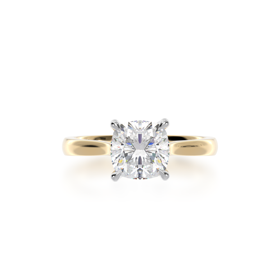 Cushion cut diamond solitaire ring on yellow gold band view from top