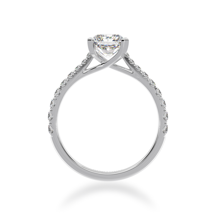 Radiant cut diamond solitaire ring with diamond set band view from front