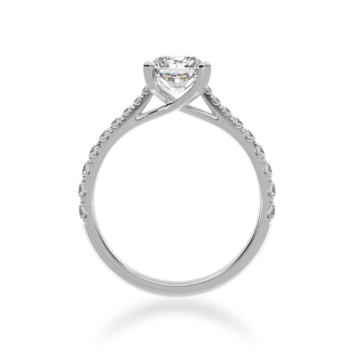 Radiant cut diamond solitaire ring with diamond set band view from front