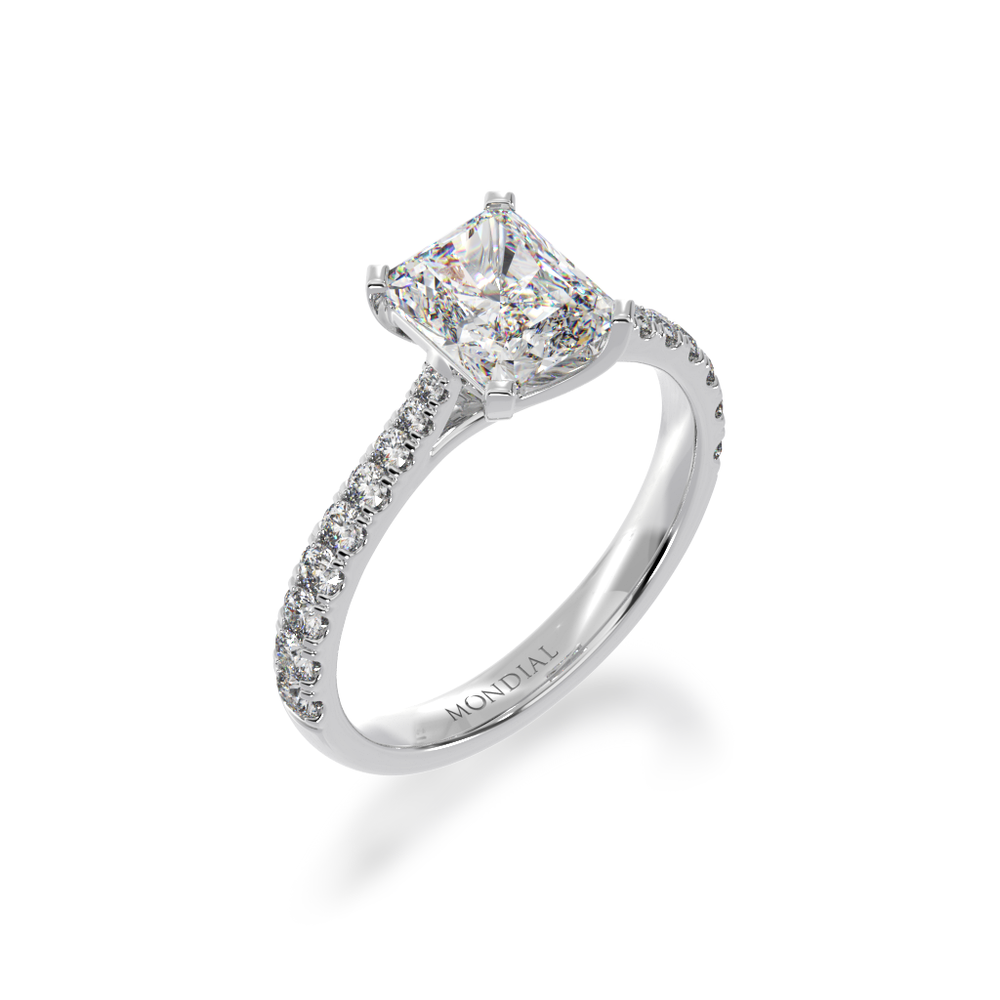 Radiant cut diamond solitaire ring with diamond set band view from angle