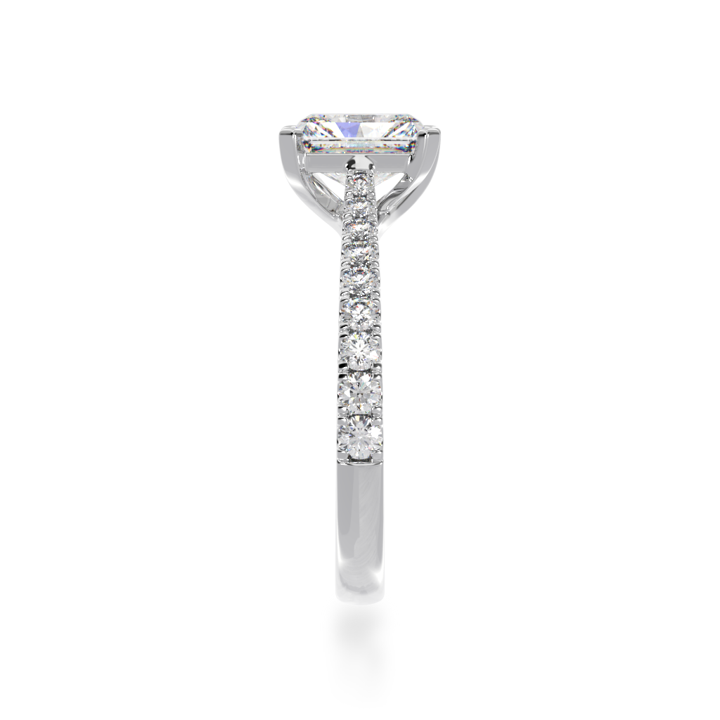 Radiant cut diamond solitaire ring with diamond set band view from side 