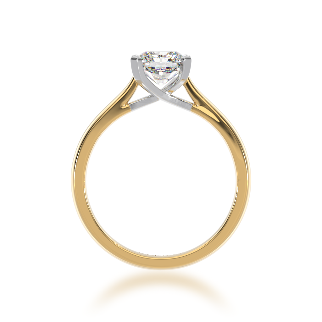 Radiant cut diamond solitaire on yellow gold band view from front