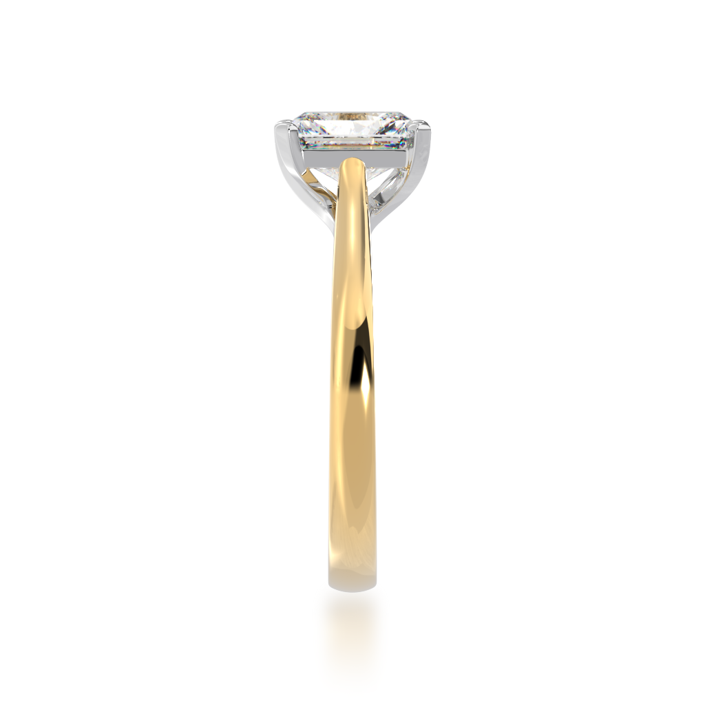 Radiant cut diamond solitaire on yellow gold band view from side 
