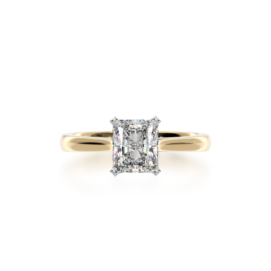 Radiant cut diamond solitaire ring on yellow gold band view from top