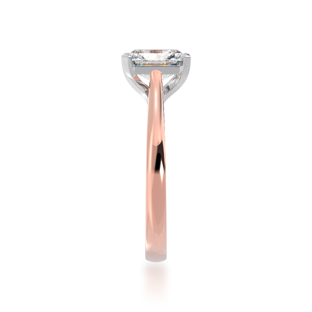 Radiant cut diamond solitaire ring on rose gold band view from side 