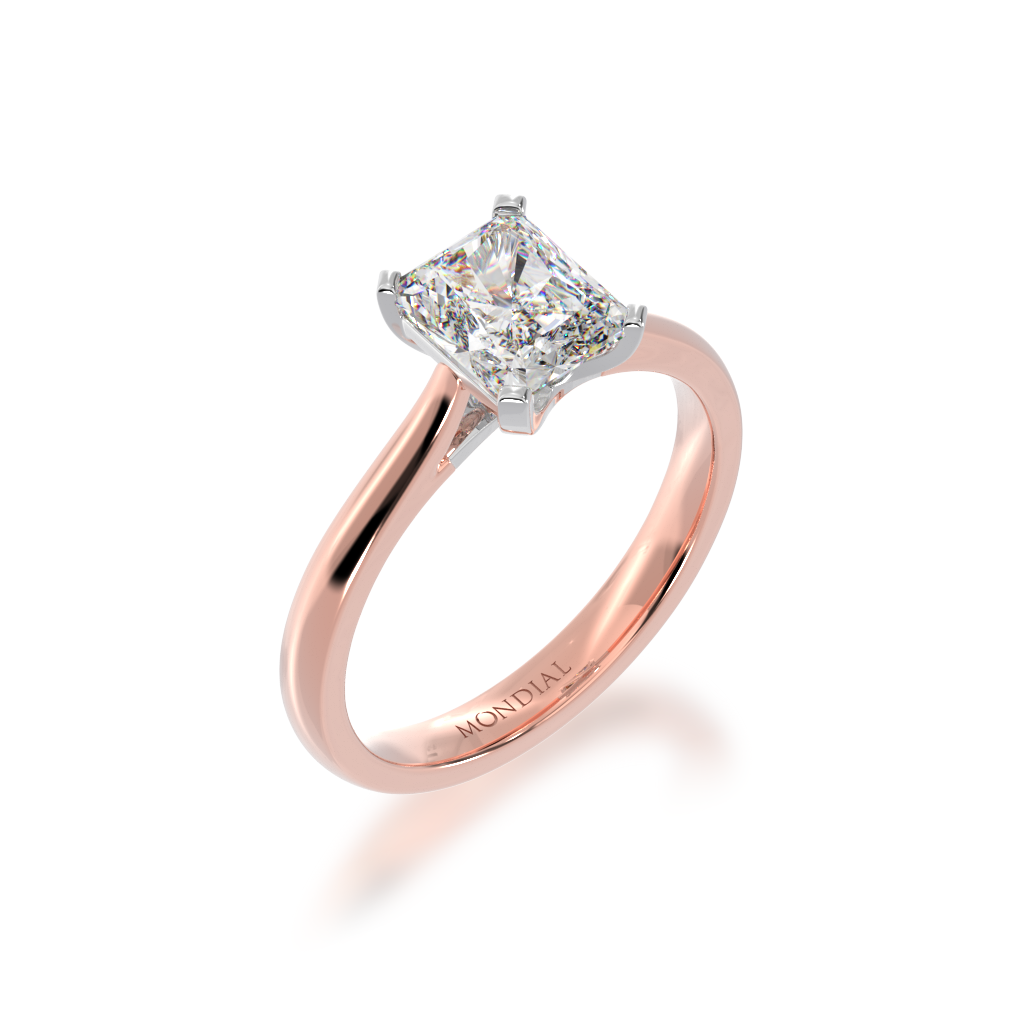 Radiant cut diamond solitaire ring on rose gold band view from angle 