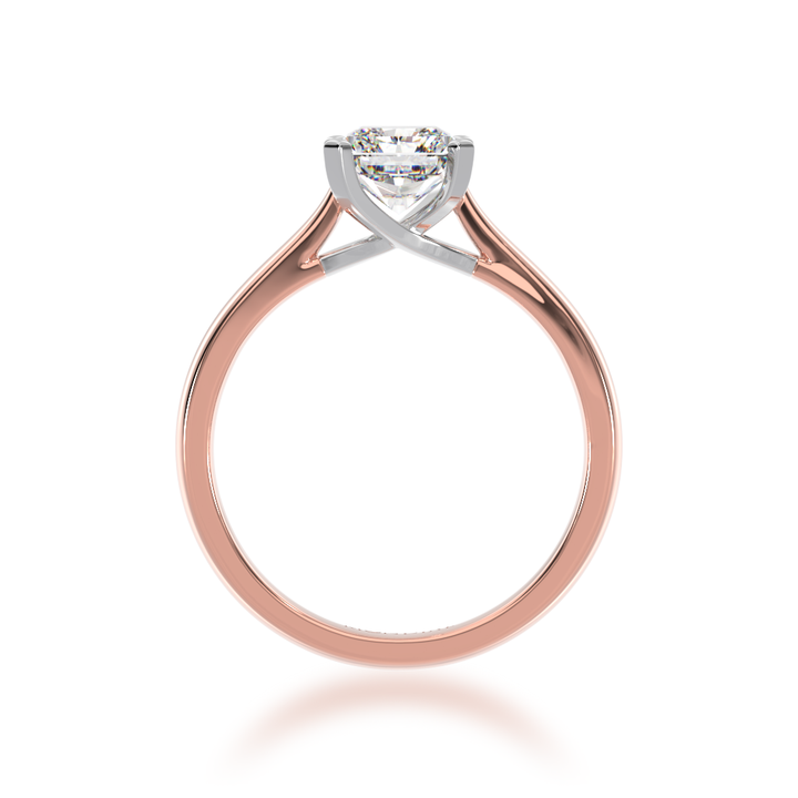 Radiant cut diamond solitaire ring on rose gold band view from front 