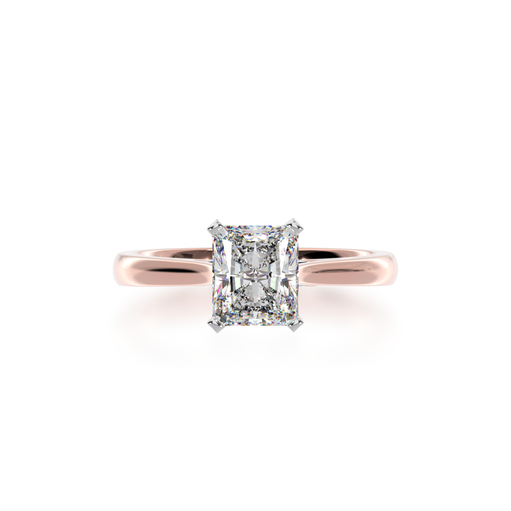 Radiant cut diamond solitaire ring on rose gold band view from top 