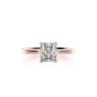 Radiant cut diamond solitaire ring on rose gold band view from top 