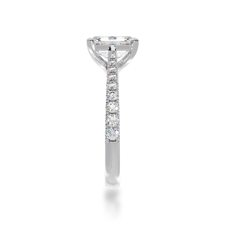 Emerald cut Diamond Solitaire with a white gold diamond set band side view