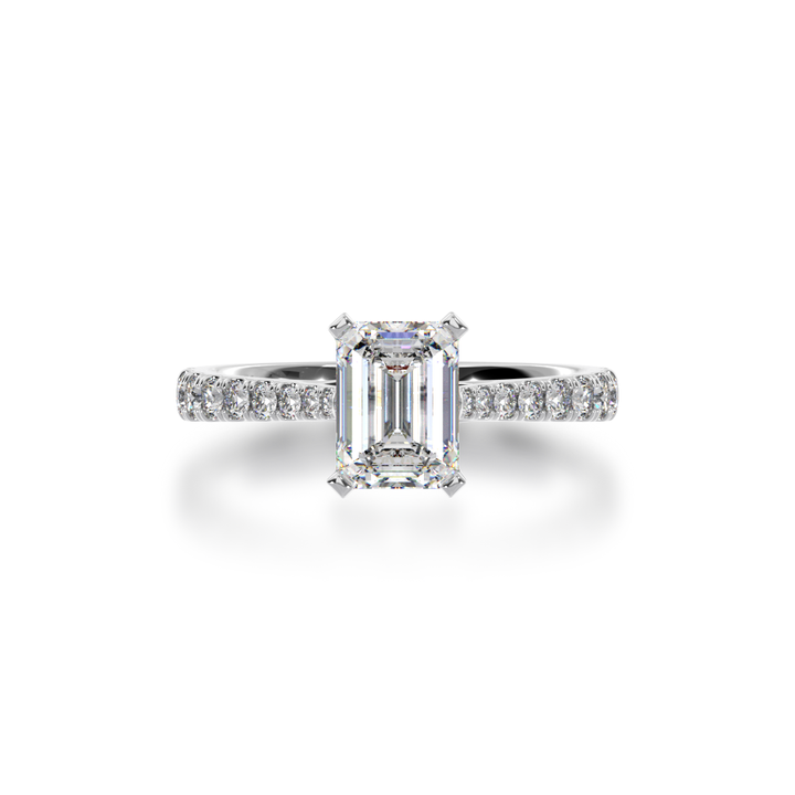 Emerald cut Diamond Solitaire with a white gold diamond set band from above