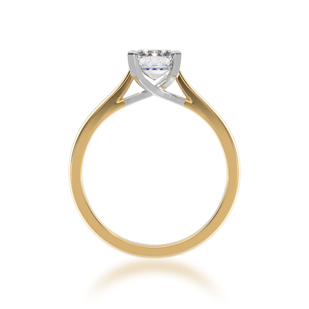 One Emerald cut diamond solitaire in yellow and white gold from front view
