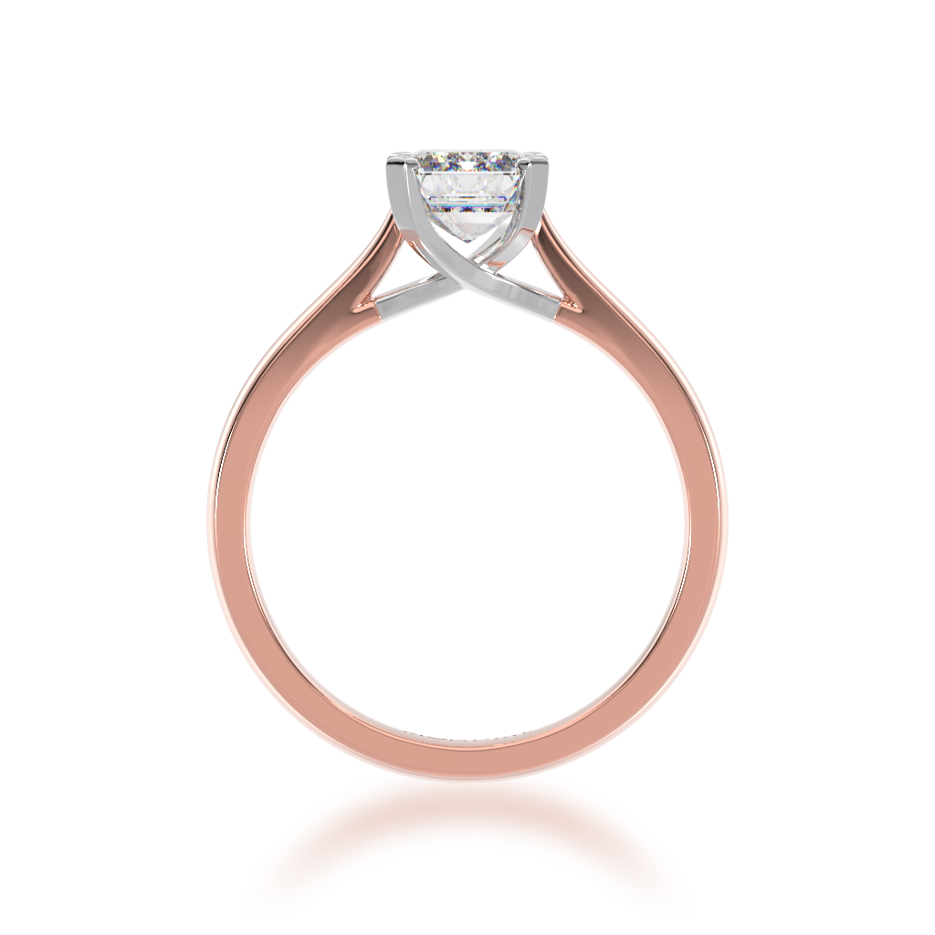 Emerald cut solitaire diamond ring on rose gold band view from front 